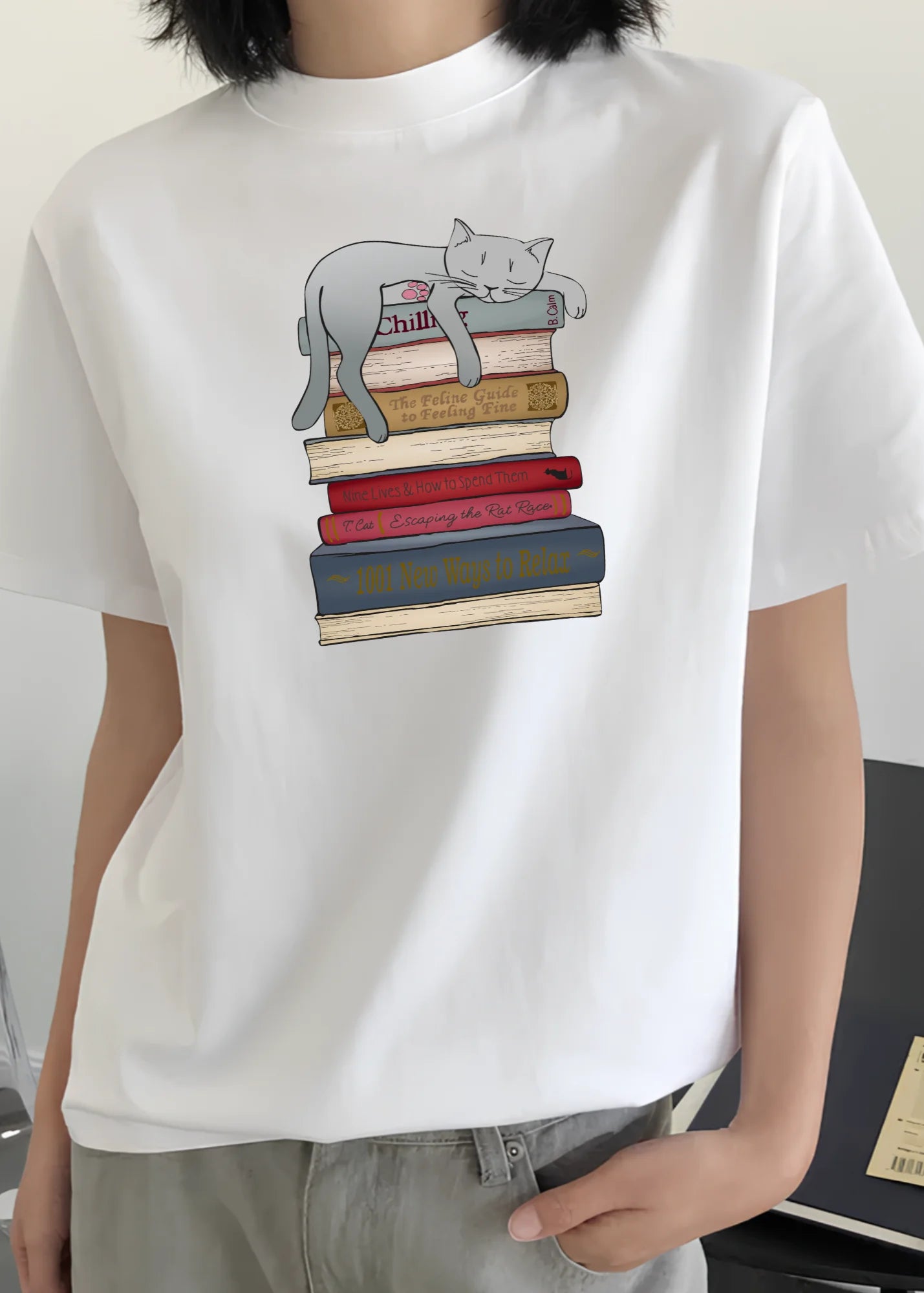 Camiseta Estampa Gato Livros