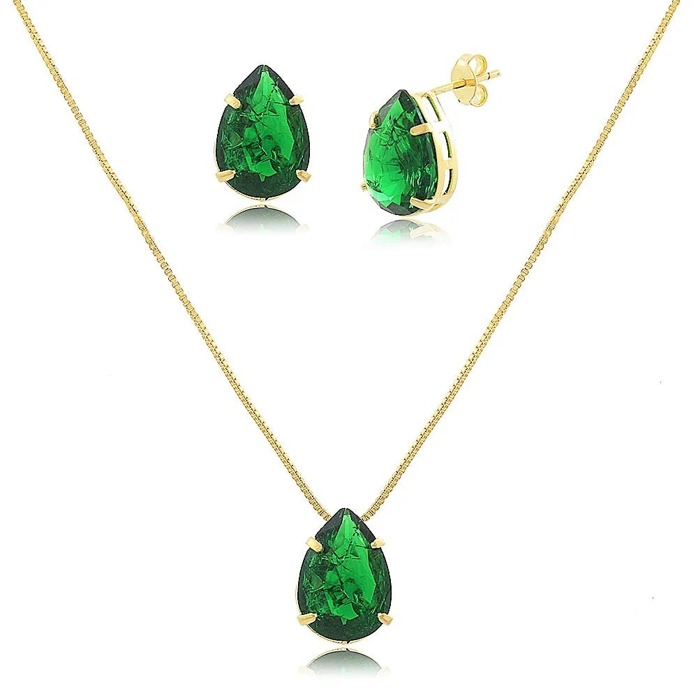 Conjunto de colar e brincos Gota de Pedra Fusion verde Esmeralda