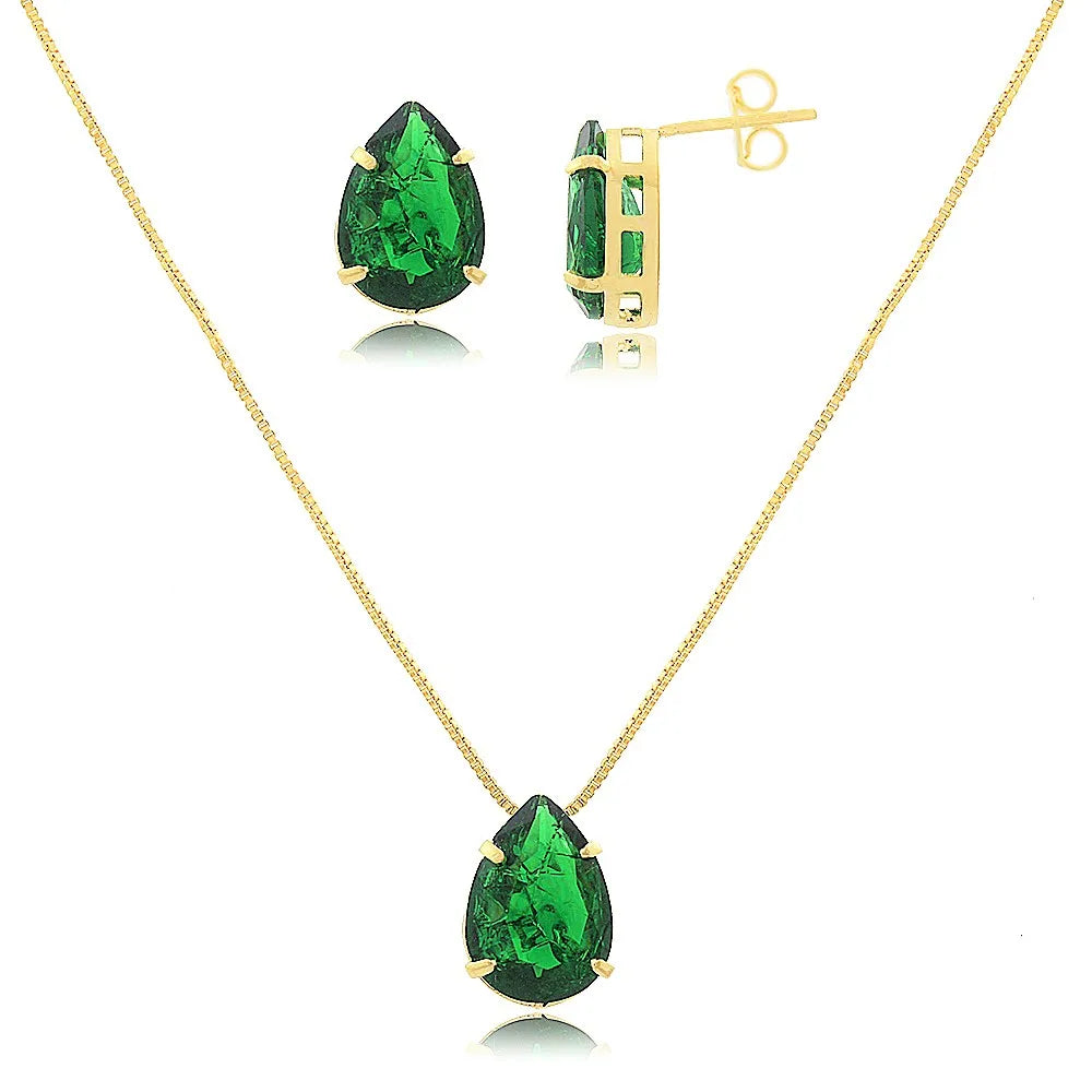 Conjunto de colar e brincos Gota de Pedra Fusion verde Esmeralda