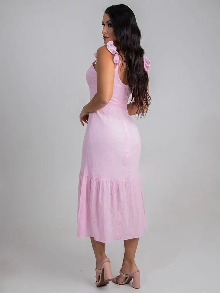 Vestido Midi Alça Babado